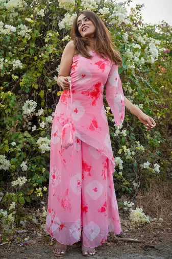 Peach Pink embroidered  Kurti Palazzo Set 