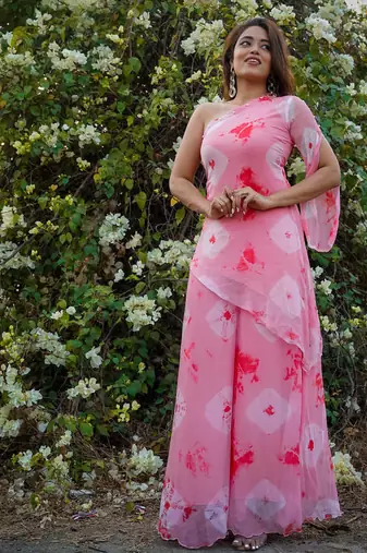 Peach Pink embroidered  Kurti Palazzo Set 
