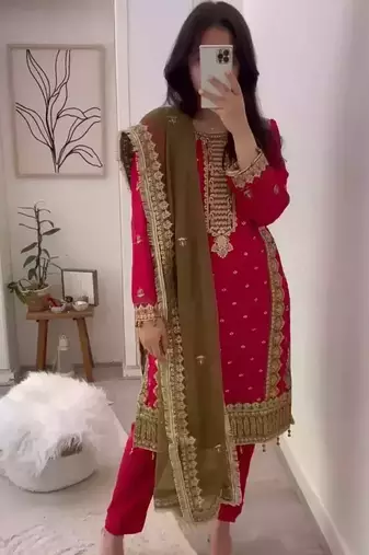 Pink Georgette  Ethnic Full Embroidered Kurta Pent Dupatta  set 