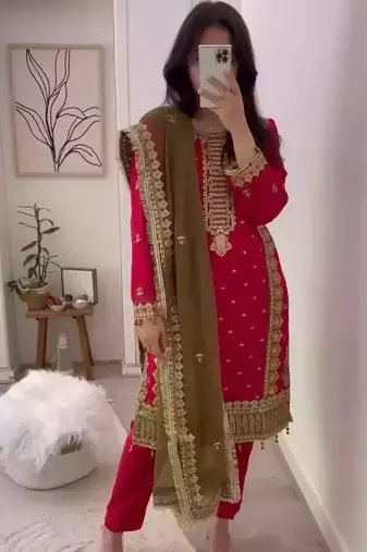 Pink Georgette  Ethnic Full Embroidered Kurta Pent Dupatta  set 