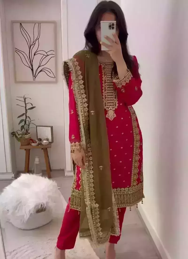 Pink Georgette  Ethnic Full Embroidered Kurta Pent Dupatta  set 