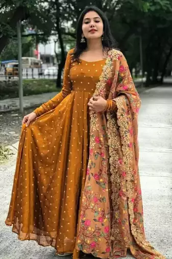 Mustard Georgette  Embroidered Long Flared Gown with Designer Dupatta