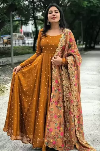 Mustard Georgette  Embroidered Long Flared Gown with Designer Dupatta