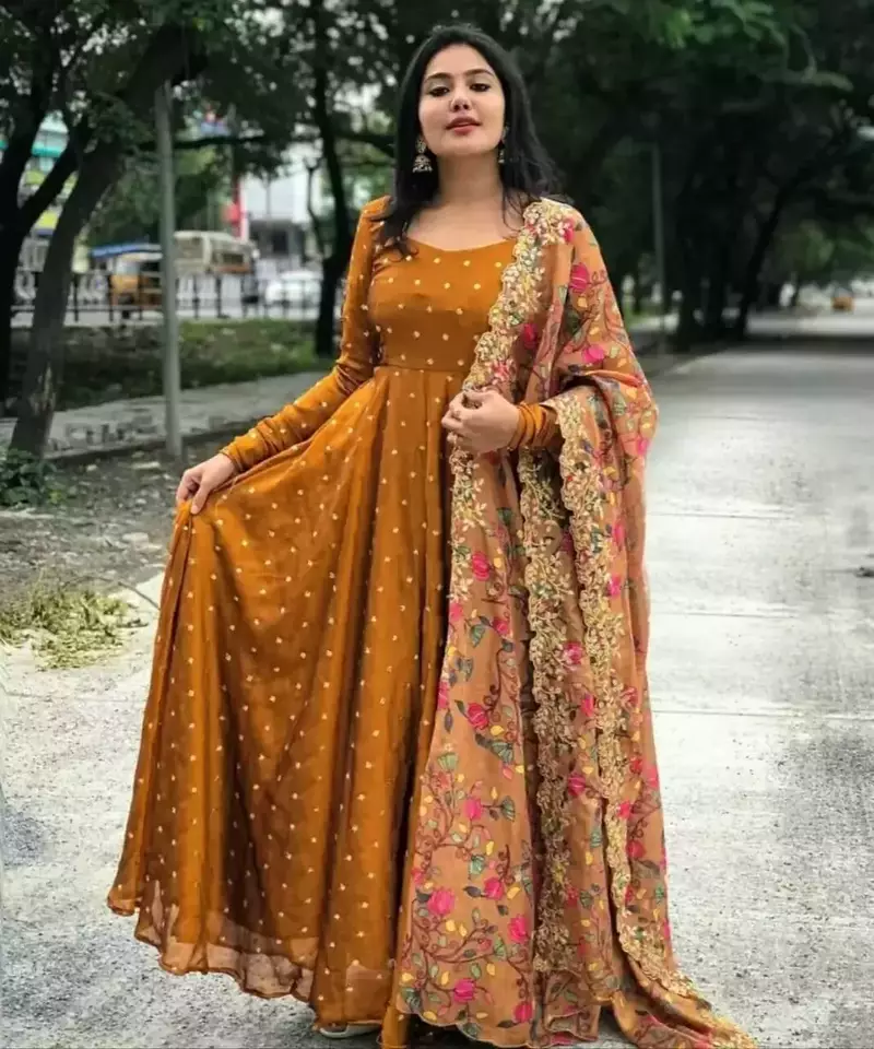 Mustard Georgette  Embroidered Long Flared Gown with Designer Dupatta