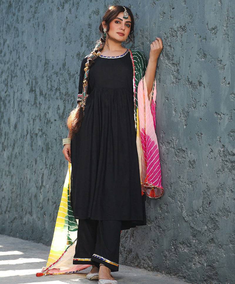 Beautiful Black Suit Set With Multicolor Dupatta PartyWear Black Suit Set