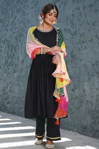  Black Suit Set With Multiembroidered Dupatta