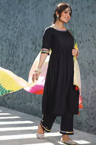  Black Suit Set With Multiembroidered Dupatta