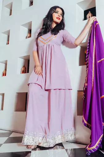 Floral Purple Suit Set With Palazzo Festival Wear Suit Set With  Dupatta