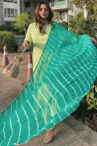 Pista Green embroidered Suit Set With  Leheriya Dupatta Festival Wear Suit Set