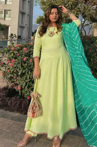 Pista Green embroidered Suit Set With  Leheriya Dupatta Festival Wear Suit Set