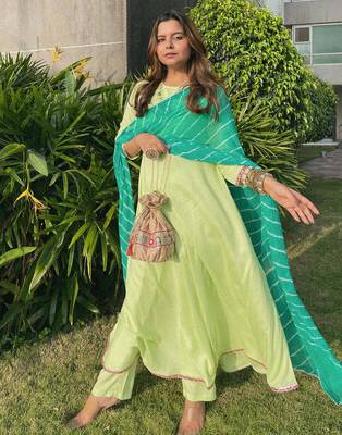 Pista Green embroidered Suit Set With  Leheriya Dupatta Festival Wear Suit Set 4