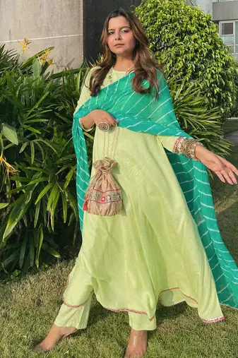 Pista Green embroidered Suit Set With  Leheriya Dupatta Festival Wear Suit Set