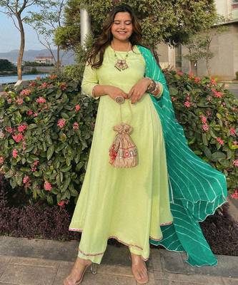 Pista Green embroidered Suit Set With  Leheriya Dupatta Festival Wear Suit Set 5