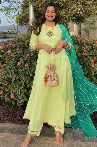 Pista Green embroidered Suit Set With  Leheriya Dupatta Festival Wear Suit Set
