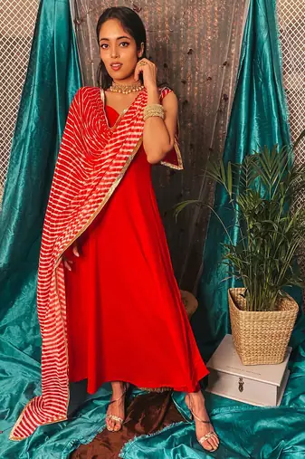 Red Color Floral Suit Set With Dupatta Beautiful Festival Wear Suit Set