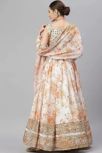 Off White & Peach-Coloured Embellished Sequinned Indian wedding designer Lehenga