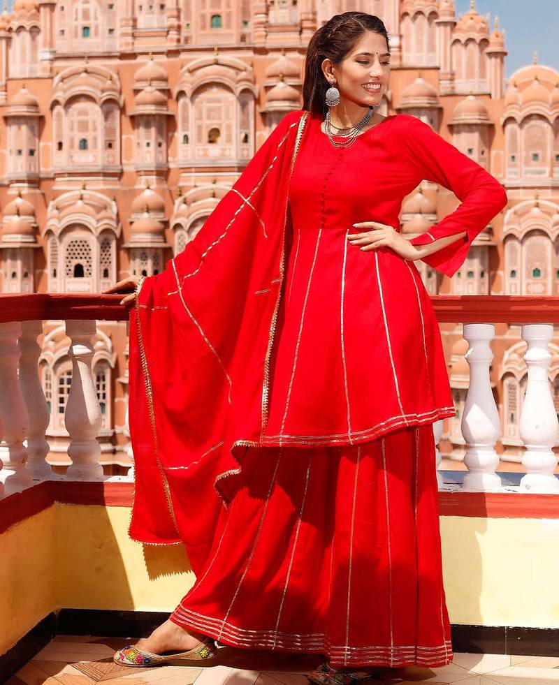 Gotta Work Red Color Suit Set Traditional Wear Suit Set With Dupatta