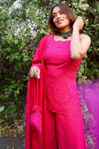 Pink Chikankari Suit Set With Dupatta Designer Suit Set With Potli New Arrival