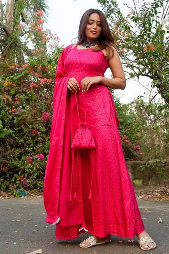 Pink Chikankari Suit Set With Dupatta Designer Suit Set With Potli New Arrival