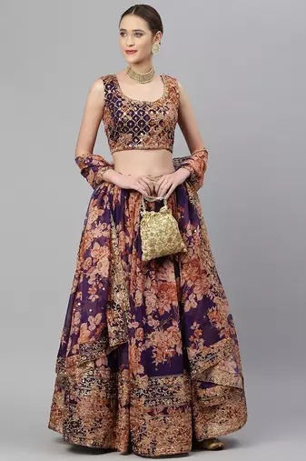 Purple Sequins and Zari Embroidery On Digital Floral Printed Organza Fabric Indian Wedding Lehenga Dress