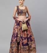 Purple Sequins and Zari Embroidery On Digital Floral Printed Organza Fabric Indian Wedding Lehenga Dress