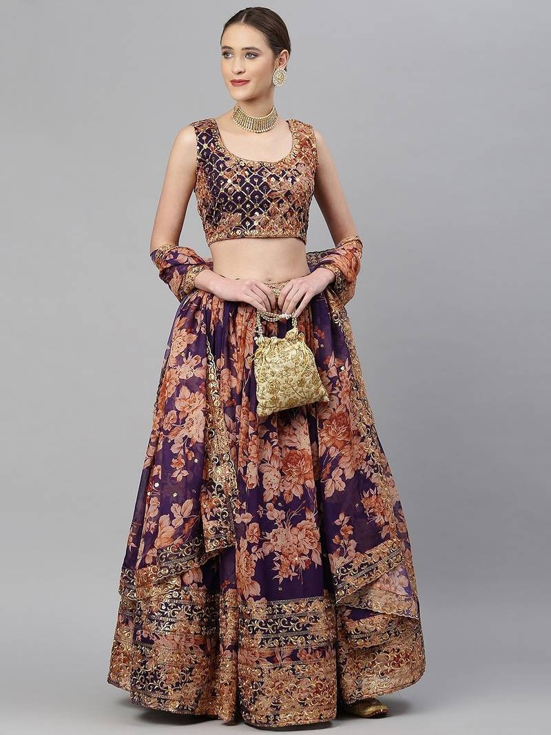 Purple Sequins and Zari Embroidery On Digital Floral Printed Organza Fabric Indian Wedding Lehenga Dress