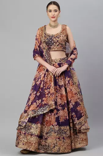 Purple Sequins and Zari Embroidery On Digital Floral Printed Organza Fabric Indian Wedding Lehenga Dress