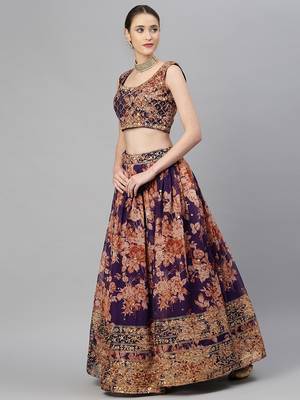 Purple Sequins and Zari Embroidery On Digital Floral Printed Organza Fabric Indian Wedding Lehenga Dress 3