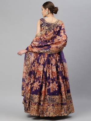Purple Sequins and Zari Embroidery On Digital Floral Printed Organza Fabric Indian Wedding Lehenga Dress 4