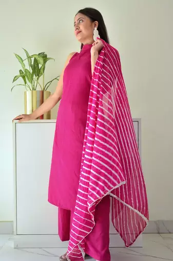 High Neck Stylish Suit Set Floral Pink Color Traditional Wear Suit Set 