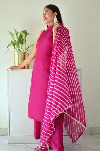 High Neck Stylish Suit Set Floral Pink Color Traditional Wear Suit Set 