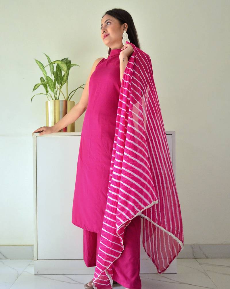 High Neck Stylish Suit Set Floral Pink Color Traditional Wear Suit Set 