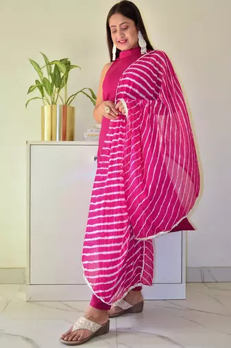 High Neck Stylish Suit Set Floral Pink embroidered Traditional Wear Suit Set 