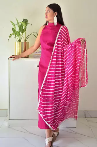 High Neck Stylish Suit Set Floral Pink embroidered Traditional Wear Suit Set 