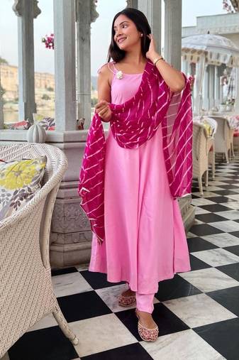 Wisteria Pink Suit Set With Leheriya Dupatta Stylish Wear Suit Set 