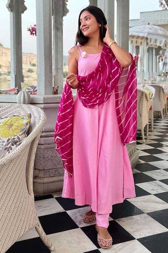 Wisteria Pink Suit Set With Leheriya Dupatta Stylish Wear Suit Set 