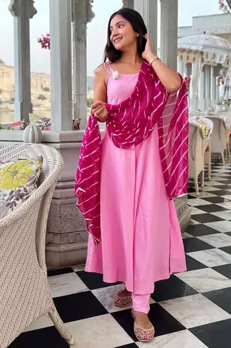 Wisteria Pink Suit Set With Leheriya Dupatta Stylish Wear Suit Set 
