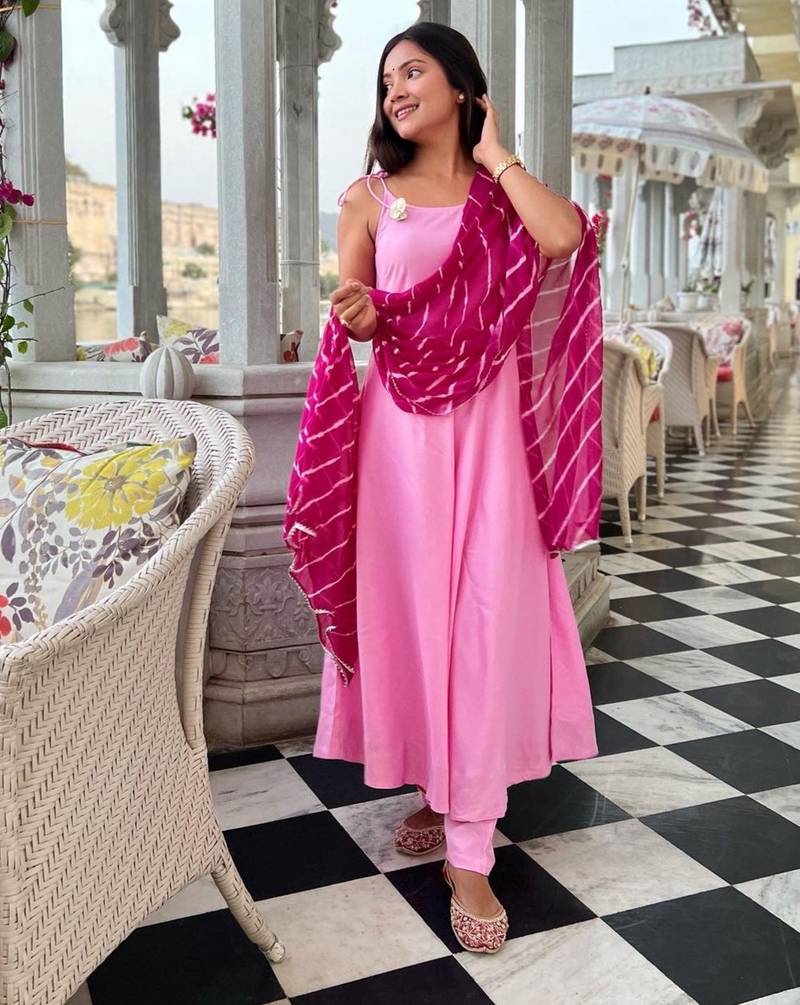 Wisteria Pink Suit Set With Leheriya Dupatta Stylish Wear Suit Set 