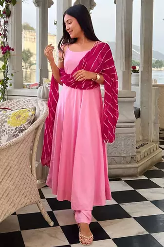 Wisteria Pink Suit Set With Leheriya Dupatta Stylish Wear Suit Set 