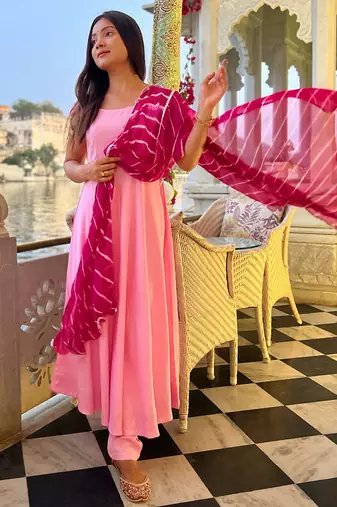 Wisteria Pink Suit Set With Leheriya Dupatta Stylish Wear Suit Set 