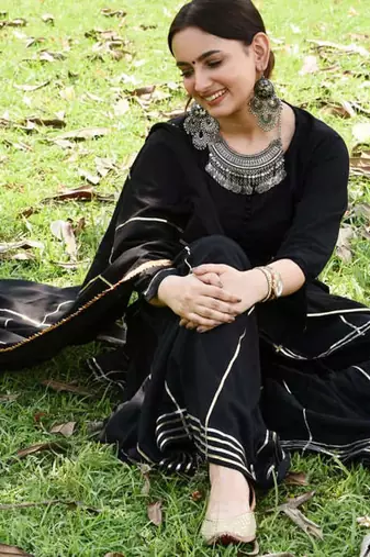 Traditional Wear Black embroidered Suit Set Heavy Gotta Work Suit Set With Dupatta