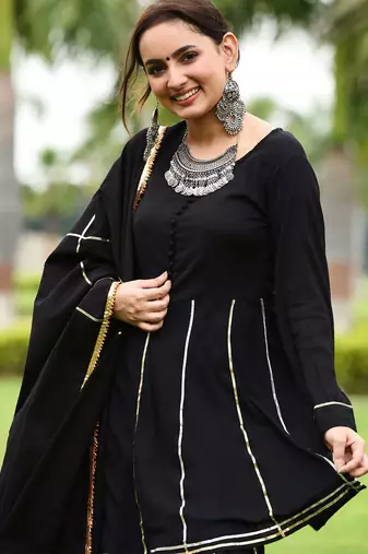 Traditional Wear Black embroidered Suit Set Heavy Gotta Work Suit Set With Dupatta