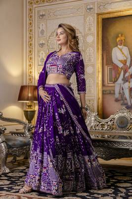 PURPLE SEQUINS THREAD EMBROIDERED GEORGETTE SEMI STITCHED LEHENGA 7