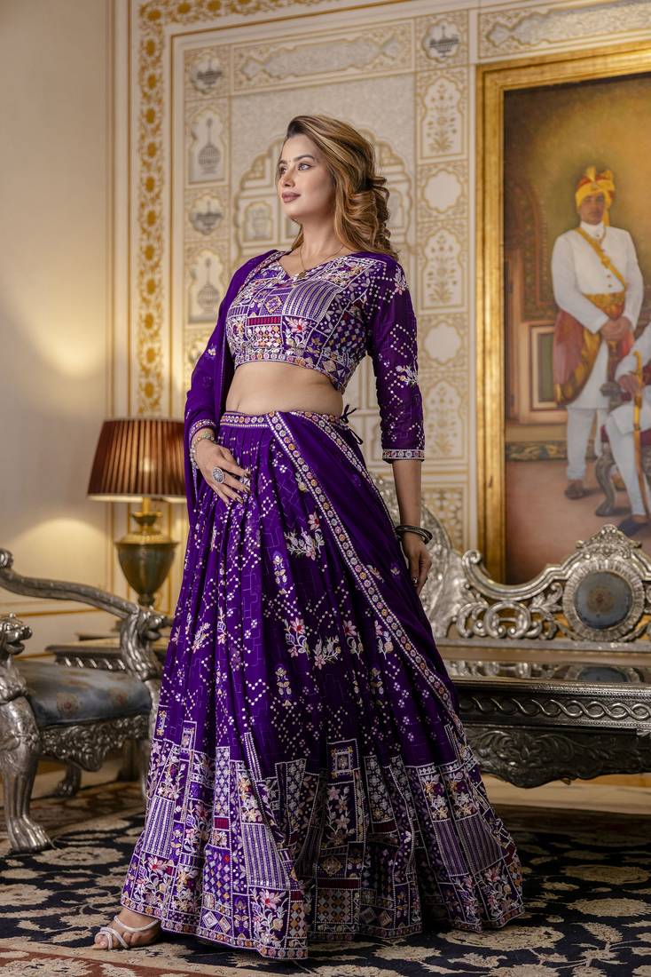 PURPLE SEQUINS THREAD EMBROIDERED GEORGETTE SEMI STITCHED LEHENGA