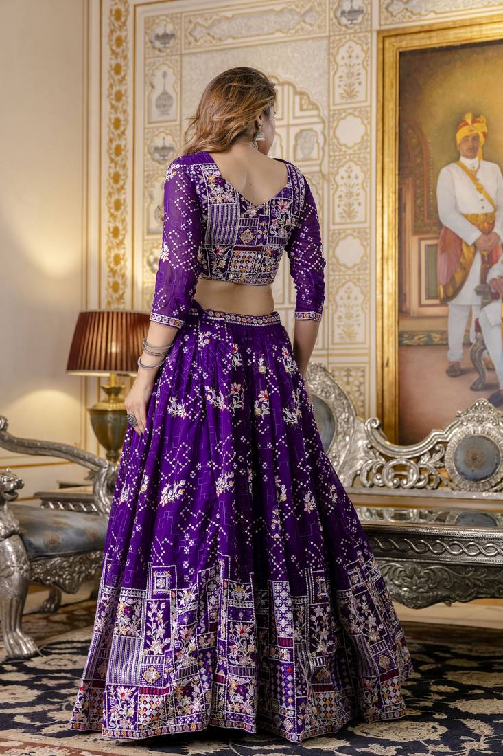 PURPLE SEQUINS THREAD EMBROIDERED GEORGETTE SEMI STITCHED LEHENGA