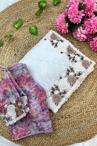 candy silk blend white embroidered saree with stitched blouse