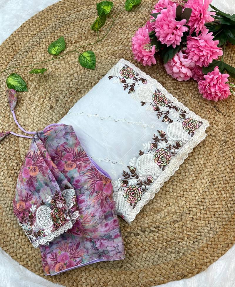 candy silk blend white embroidered saree with stitched blouse