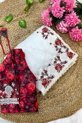 candy silk blend white embroidered saree with stitched blouse