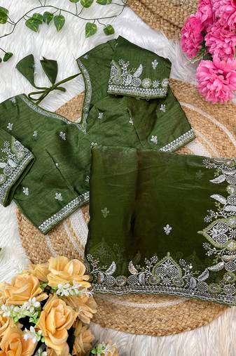green satin silk blend embroidered saree with stitched blouse