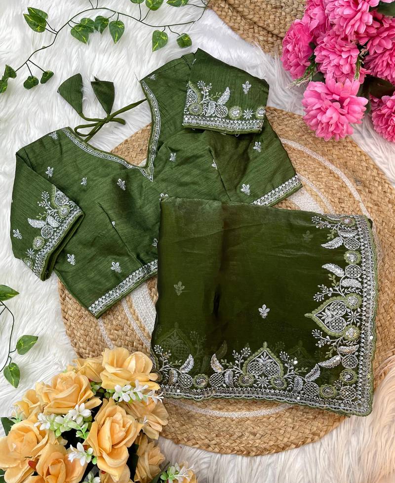 green satin silk blend embroidered saree with stitched blouse